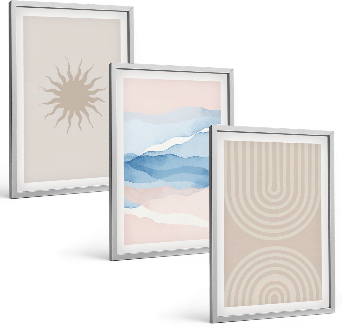 Coloray 3-Delige Schilderij Set - Zonnegolven En Abstracte Lijnen In Pastelkleuren - 40 x 60 cm - Muurdecoratie - Interieur Decoratie - Moderne Wanddecoratie