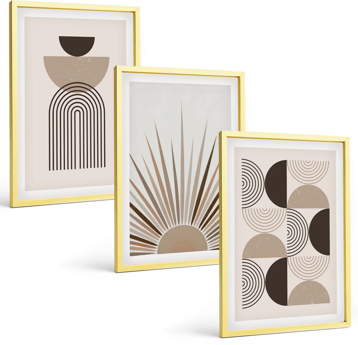 Coloray 3-Delige Schilderij Set - Abstracte Vormen In Beige En Bruine Tinten. - 40 x 40 cm En 40 x 60 cm - Schilderijen Set - Wanddecoratie - Woonkamer - Moderne Wanddecoratie