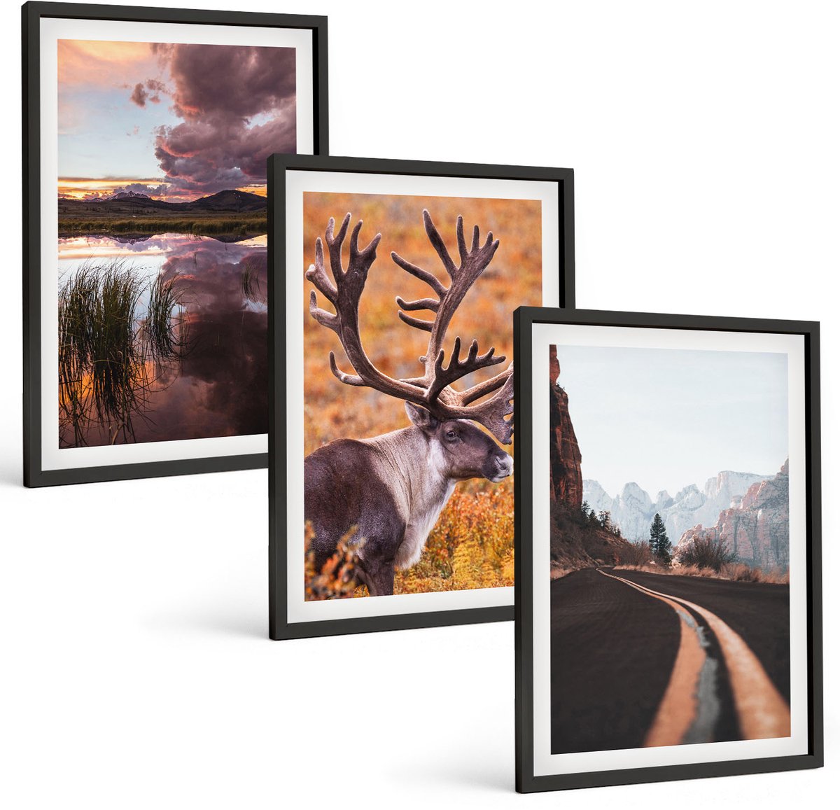Coloray 3-Delige Schilderij Set - Berglandschappen Met Rendieren En Een Weg In De Natuur - 40 x 60 cm - Moderne Wanddecoratie - Slaapkamer