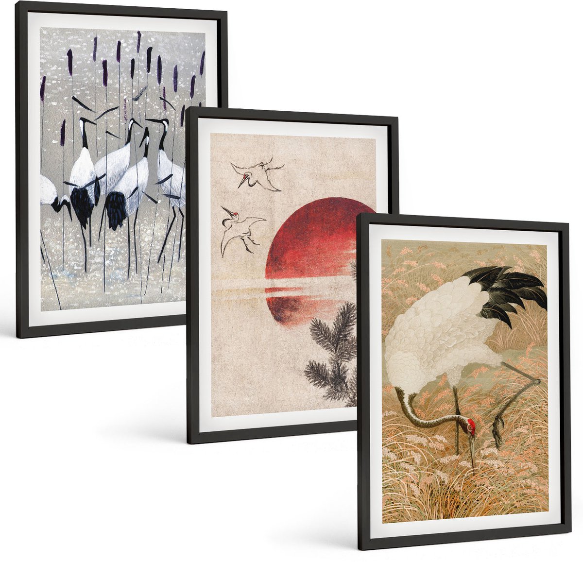 Coloray 3-Delige Schilderij Set - Illustraties Van Japanse Kraanvogels Japandi Landschap - 40 x 60 cm - Muurdecoratie - Wanddecoratie - Hal - Decoratieve Schilderijen