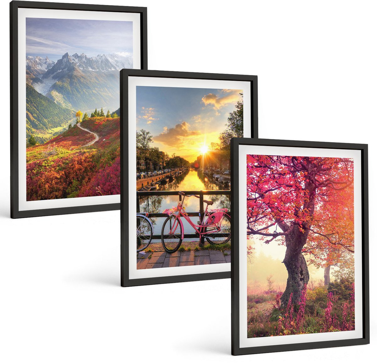Coloray 3-Delige Schilderij Set - Berglandschappen Met Een Fiets En Een Herfstboom - 40 x 60 cm - Wanddecoratie - Schilderijen Set - Interieur - Woonkamer Decoratie