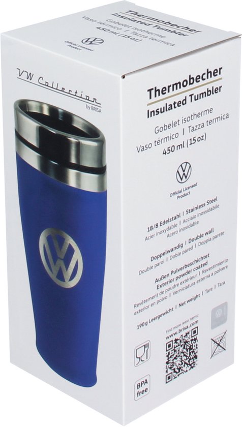 Blauwe dubbelwandige thermosbeker met VW-logo en witte opdruk van "VW Collection by BRISA", 450 ml.