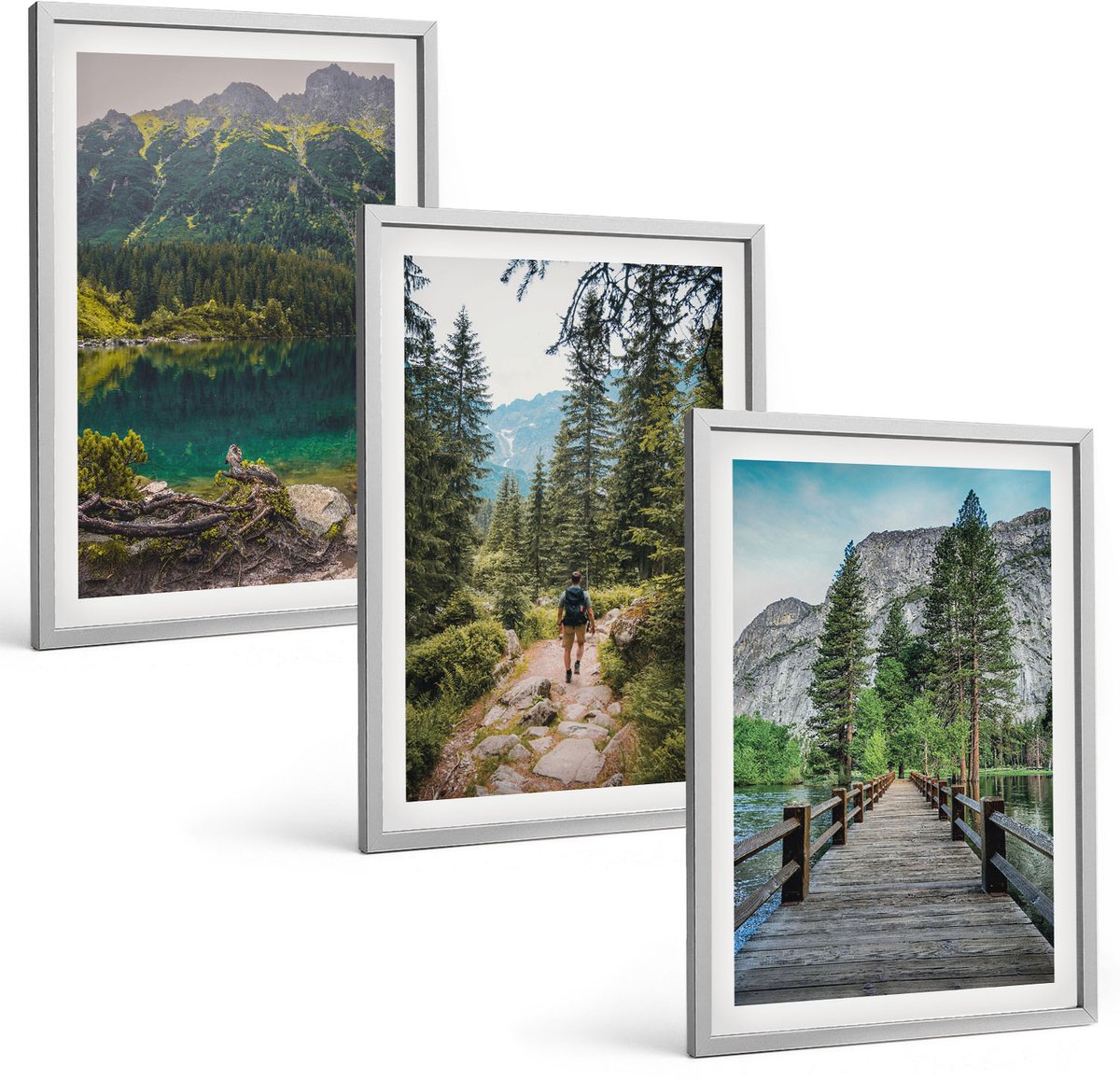 Coloray 3-Delige Schilderij Set - Bergen, Meren, Bossen En Paden In De Natuur - 40 x 60 cm - Muurdecoratie - Wanddecoratie - Hal - Decoratieve Schilderijen