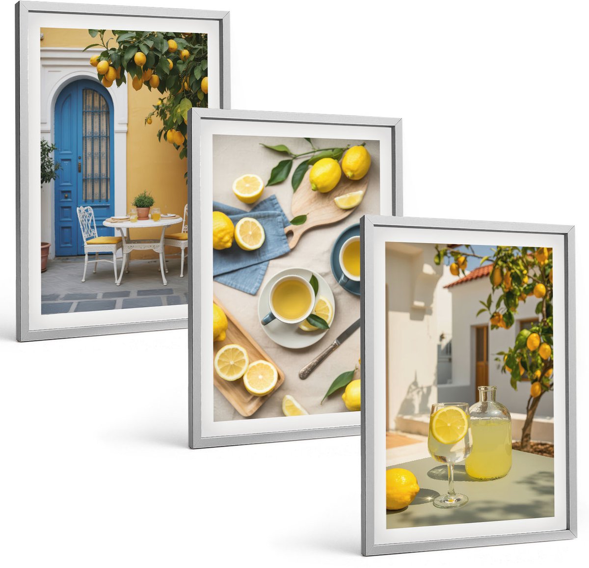 Coloray 3-Delige Schilderij Set - Citroenen Limonade Blauwe Deur Zomer Uitzichten - 40 x 60 cm - Wanddecoratie - Schilderijen Set - Interieur - Moderne Wanddecoratie