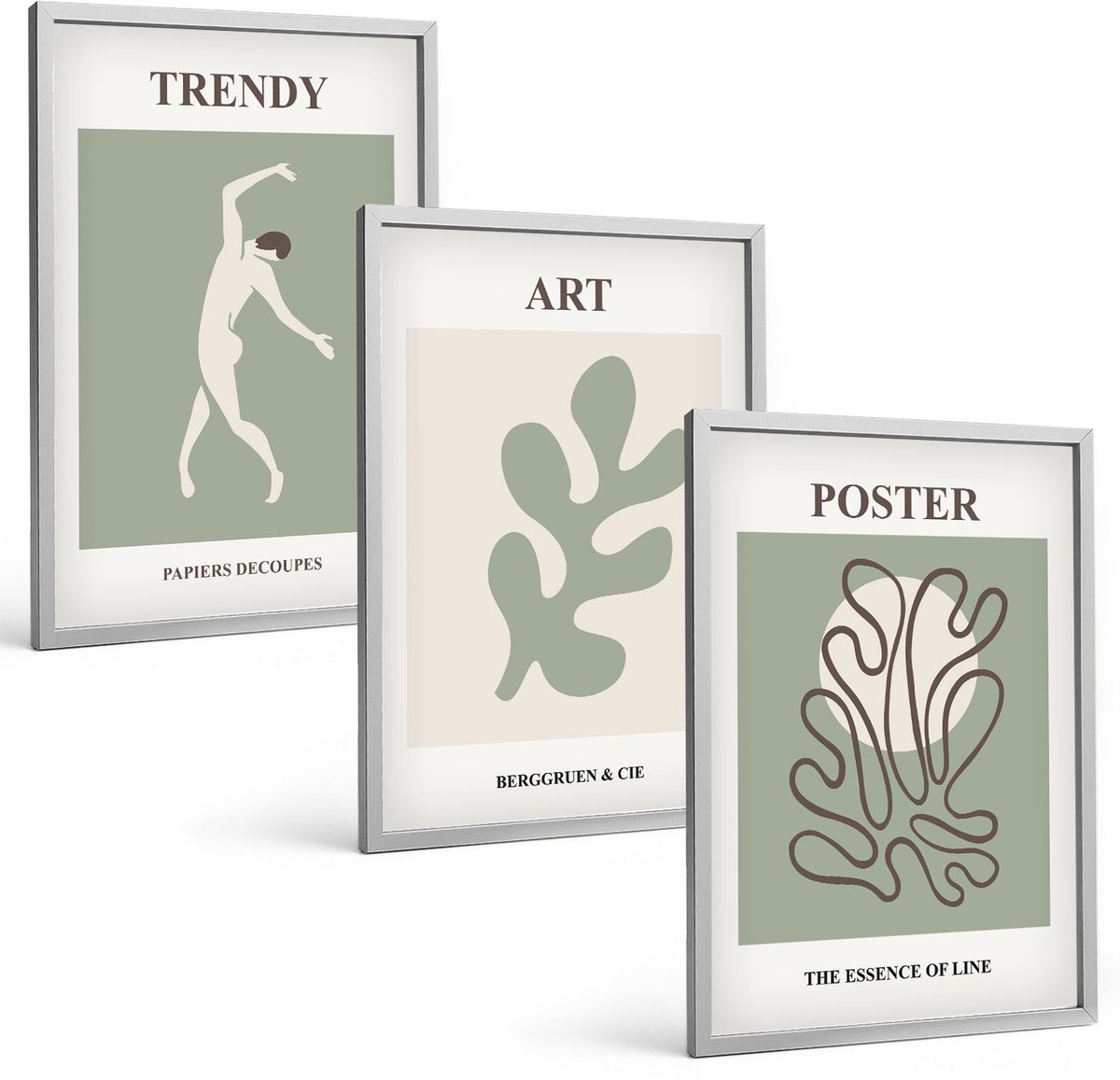 Coloray 3-Delige Schilderij Set - Abstracte Figuren En Plantmotieven In Ingetogen Kleuren. - 40 x 60 cm - Muurdecoratie - Wanddecoratie - Hal - Decoratieve Schilderijen
