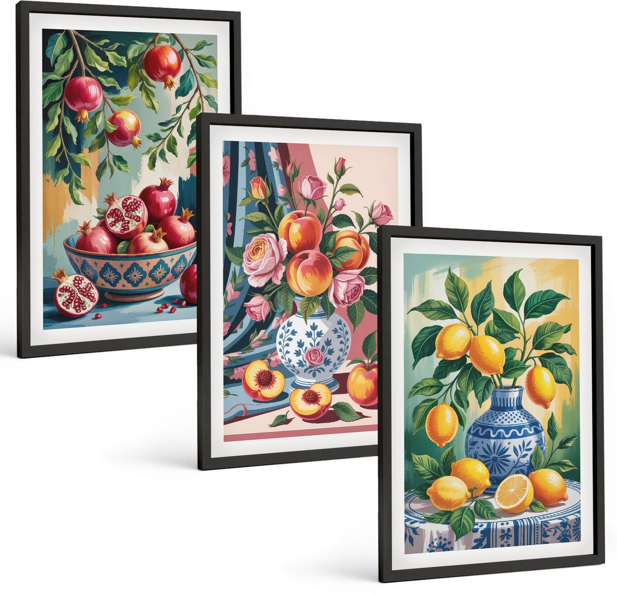 Coloray 3-Delige Schilderij Set - Geschilderde Bloemen En Fruit In Vazen - 40 x 60 cm - Wanddecoratie - Moderne Interieurdecoratie - Decoratieve Schilderijen