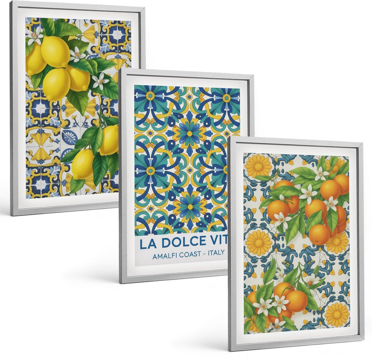 Coloray 3-Delige Schilderij Set - Citroenen, Bloemen En Sinaasappels In Italiaanse Stijl - 40 x 60 cm - Moderne Wanddecoratie - Woonkamer - Decoratieve Schilderijen