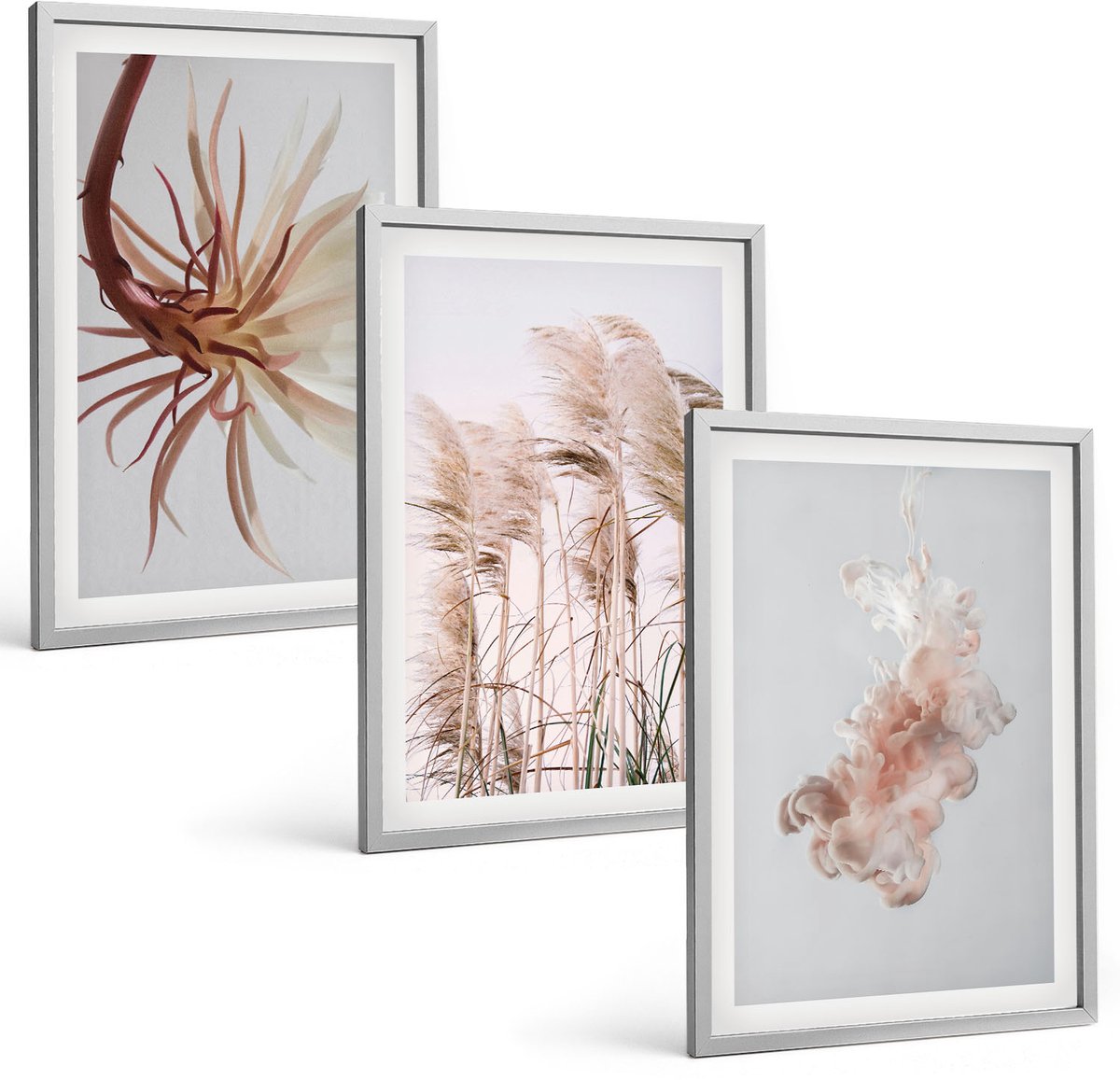 Coloray 3-Delige Schilderij Set - Bloemen En Grassen Op Een Lichte Achtergrond In Een Harmonieus Geheel. - 40 x 60 cm - Stijlvolle Muurdecoratie - Kantoor - Wanddecoratie