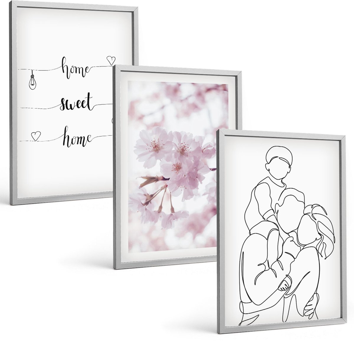 Coloray 3-Delige Schilderij Set - Bloemen En Familie In Minimalistisch Design. - 40 x 60 cm - Stijlvolle Muurdecoratie - Slaapkamer