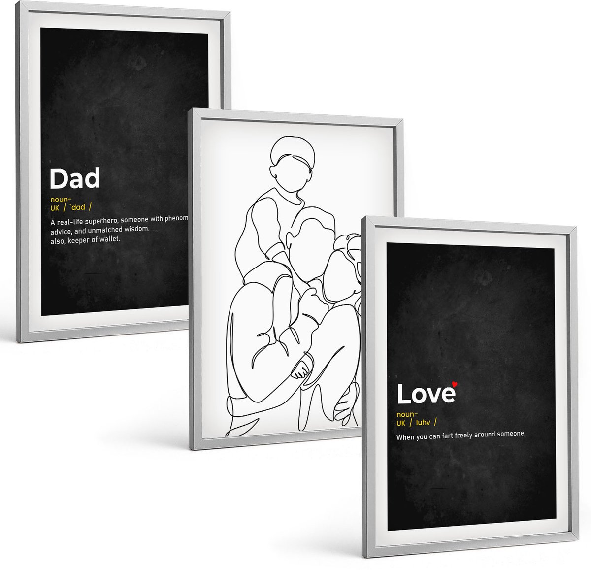 Coloray 3-Delige Schilderij Set - Familielijnkunst Met Definities Van Liefde En Vaderschap. - 40 x 60 cm - Wanddecoratie - Woonkamer Decoratie - Stijlvolle Muurdecoratie
