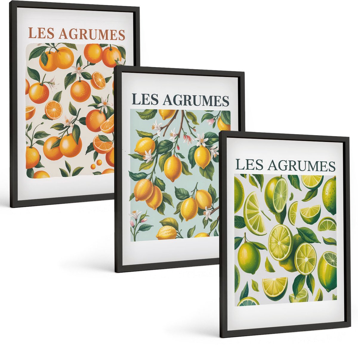 Coloray 3-Delige Schilderij Set - Fruitige Citruspatronen In Pastelkleuren - 40 x 60 cm - Muurdecoratie - Wanddecoratie - Slaapkamer - Moderne Wanddecoratie
