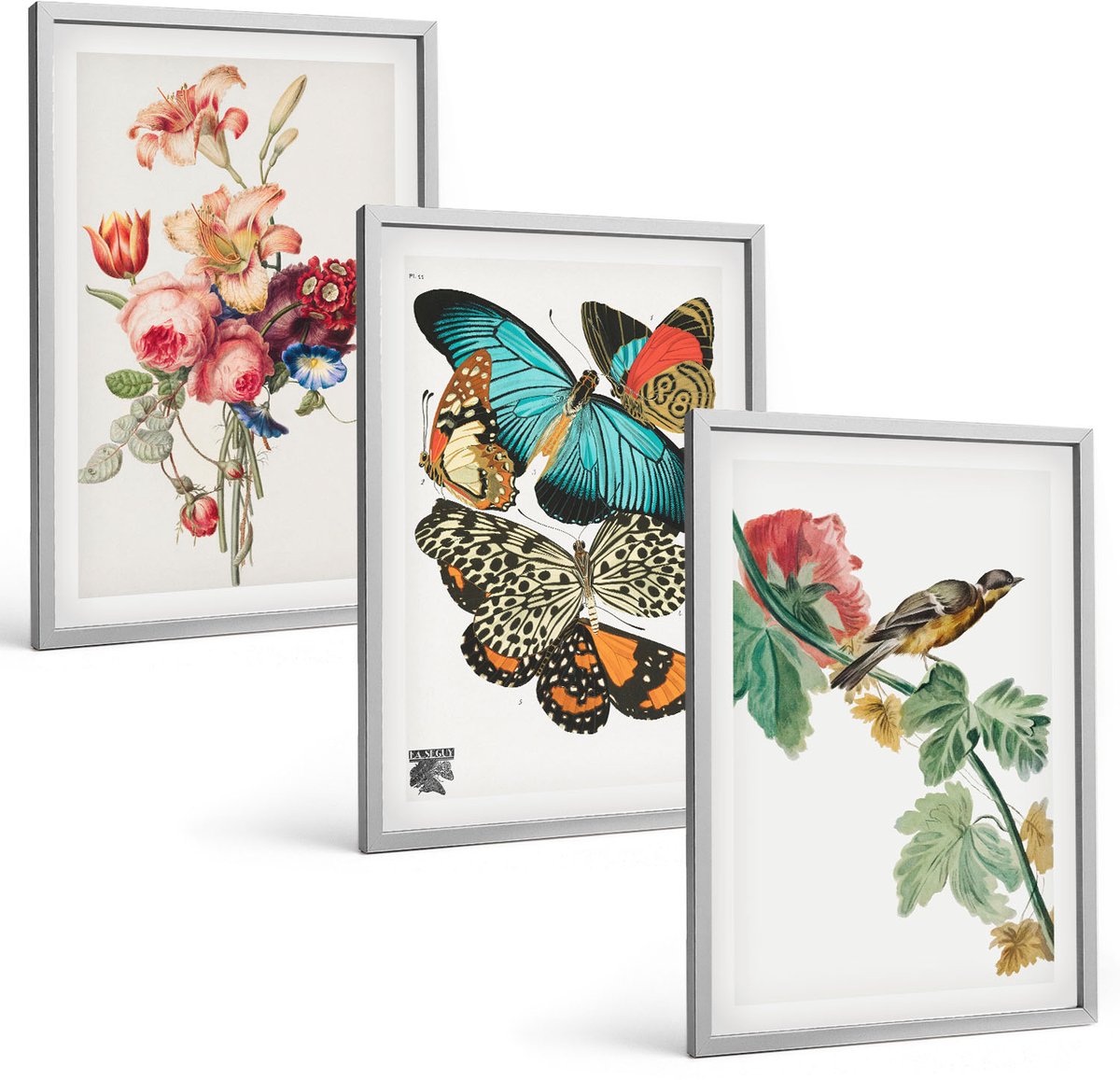 Coloray 3-Delige Schilderij Set - Bloemen, Vlinders En Vogels In Pasteltinten - 40 x 60 cm - Decoratieve Schilderijen - Woonkamer - Interieur - Interieur Decoratie