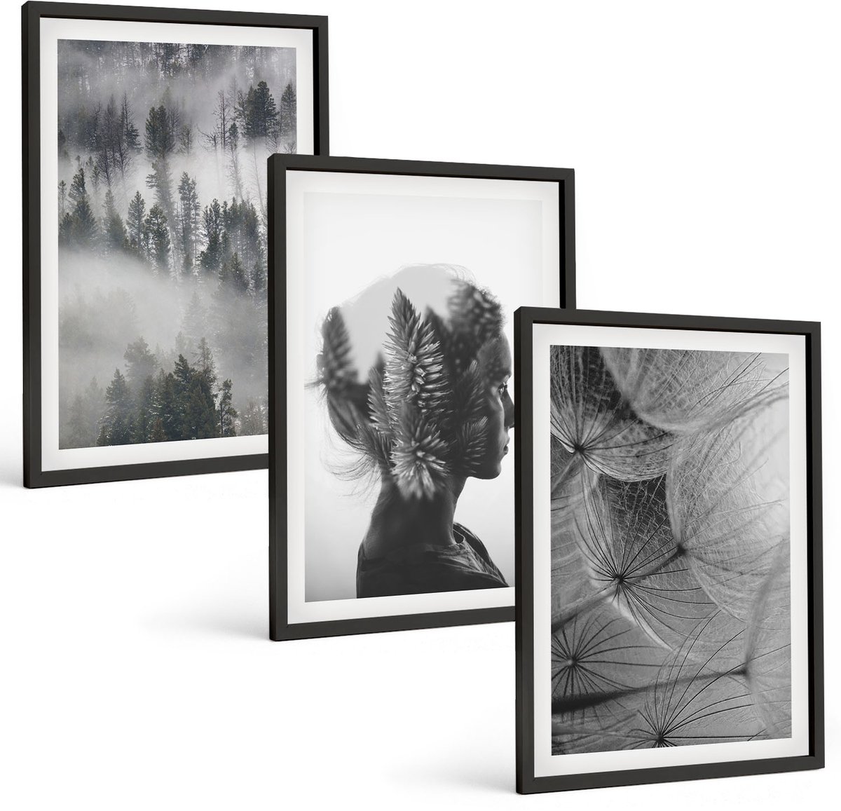 Coloray 3-Delige Schilderij Set - Bos In De Mist: Portret Met Bomen En Een Tere Paardenbloem. - 40 x 60 cm - Decoratieve Schilderijen - Wanddecoratie - Hal - Woonkamer Decoratie
