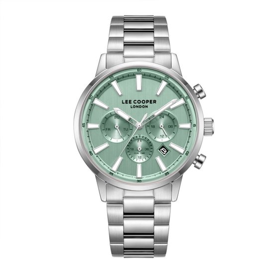 Zilverkleurig herenhorloge van Lee Cooper met een mintgroene wijzerplaat, datumvenster en een metalen band.