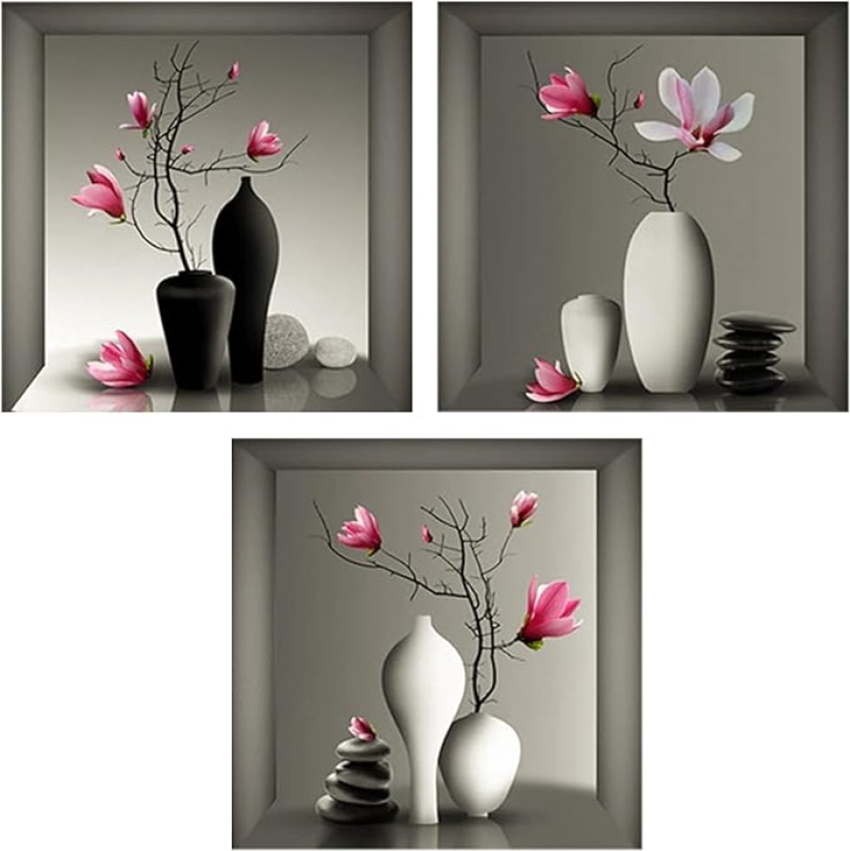 3D muursticker set met witte vaas en bloemen - 30 x 30 cm - Woonkamer decoratie - 3 stuks