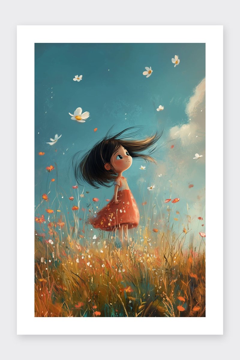 Meisje Poster - Schattig - Natuur - Ontspannend - Kinderkamer - Kinder - Outdoor - posters - formaat 30x40cm - Wanddecoratie - BXS5045KMD - Met kader - passe-partouts stijl