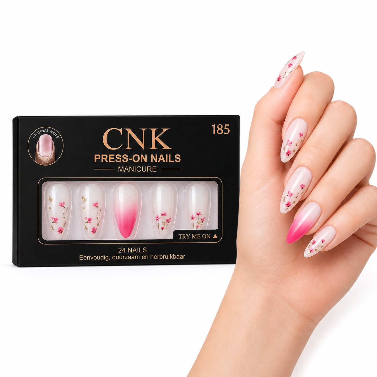 CNK 185 Press On Nails - Plaknagels - 24 Kunstnagels met Nagellijm, 24 Zelfklevende Plakstickers, Cleaner Wipe, Nagelvijl, Woodstick & Size Matcher - Nepnagels voor 7-14 Dagen - Herbruikbare Press-On Nagels - Starterspakket voor Manicure & Nail Art