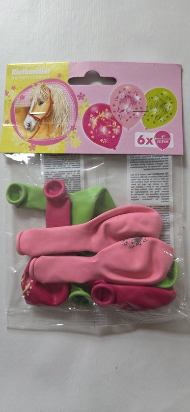 Verpakking met zes roze en groene ballonnen, met bloemen- en paardenprint.