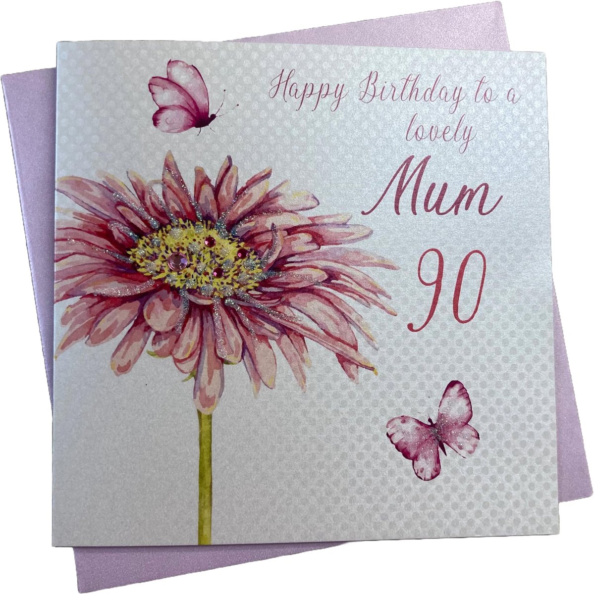 Wenskaart 90e verjaardag - handgemaakt - roze gerbera - voor een lieve moeder - ShopVlot