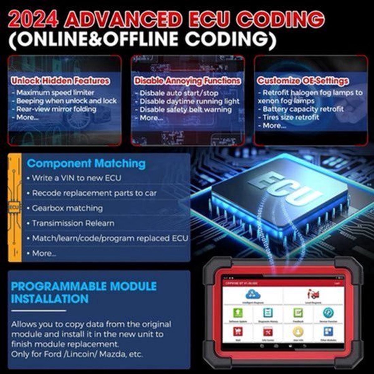 Auto Diagnosetool – Diagnose Scanner – OBD2 Scanner – Foutcode Lezer – Bluetooth Verbinding – 7-Inch Touchscreen – ECU Codering