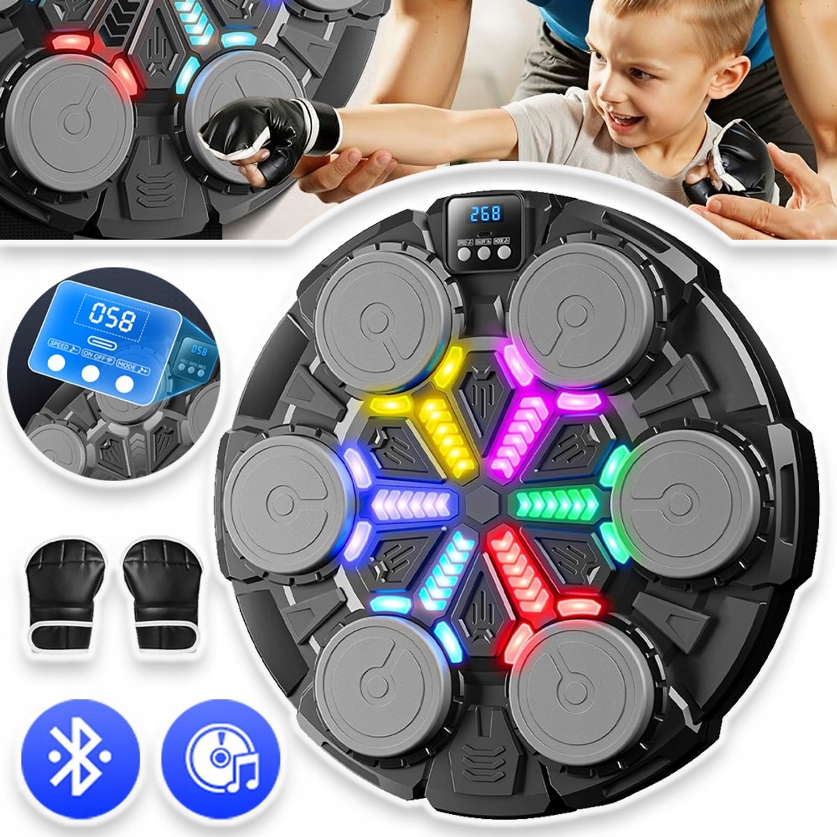 Bluetooth-Boksapparaat Met 3 Standen En Ledverlichting - Muzieksynchronisatie Gevecht Voor Twee Spelers 5/6 Snelheidsniveaus Verstelbare Hoogte Wandmontage Zonder Boren Inclusief Bokshandschoenen - Voor Thuisgym En Kinderen
