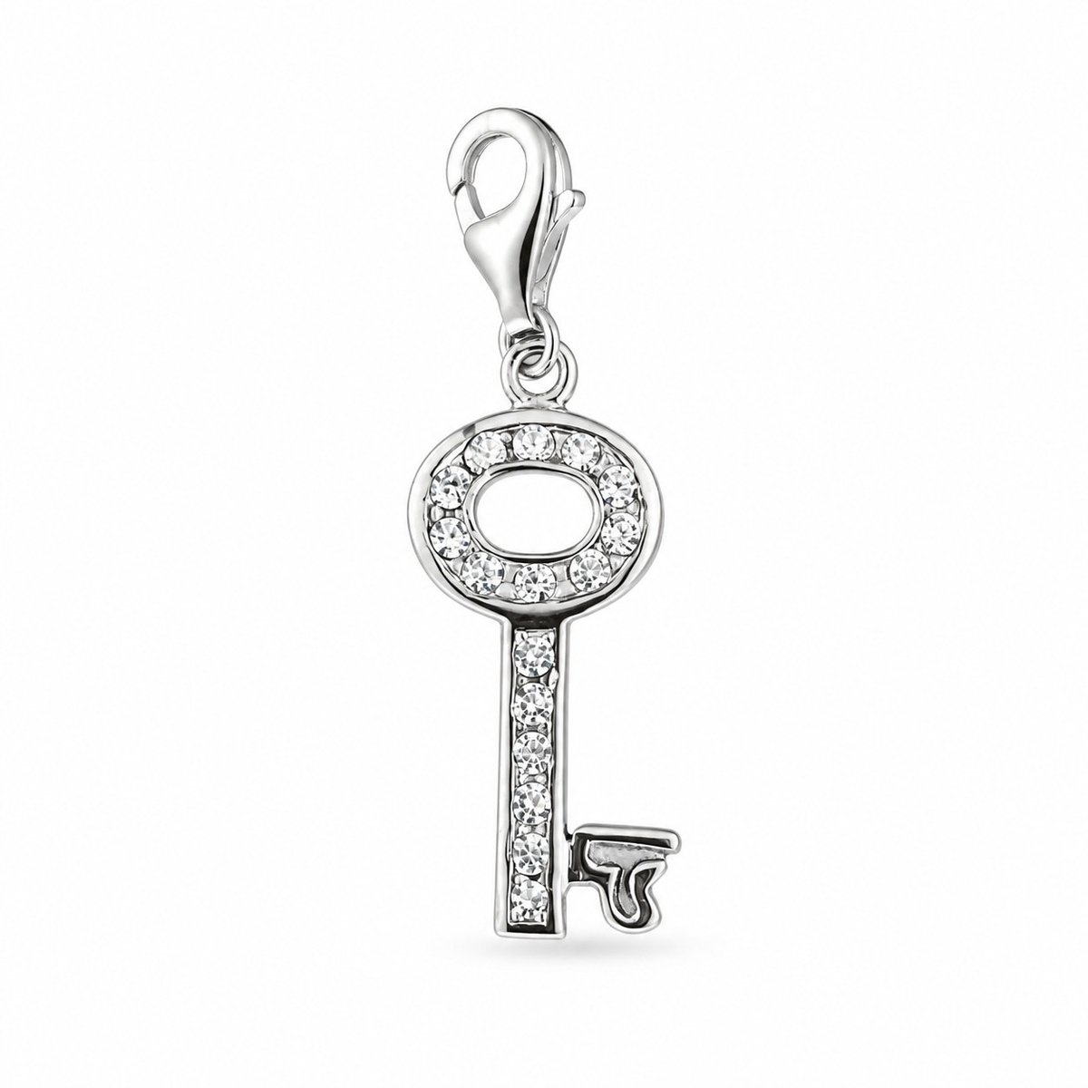 925 Sterling Zilveren Sleutel Bedel met Zirkonia – Bedeltje met Karabijnsluiting – Zilveren Sleutelhanger voor Armband en Enkelbandje – Dames