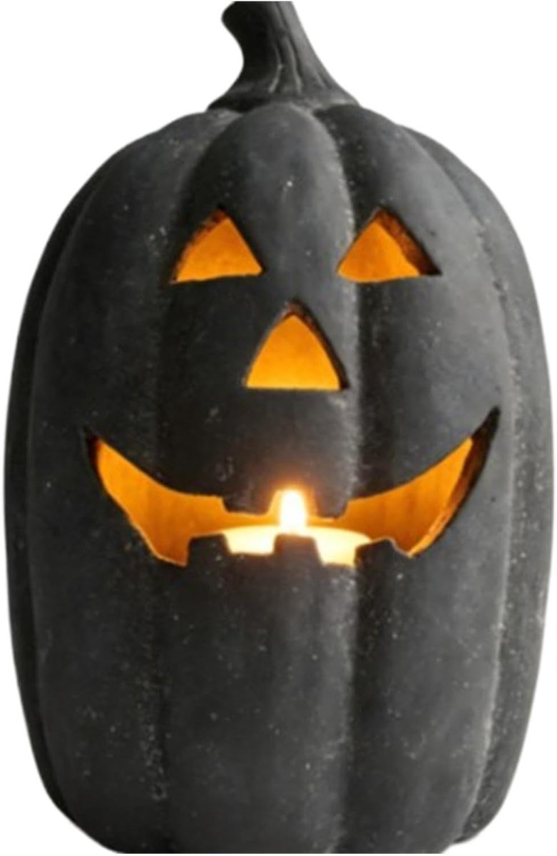 Pompoen sculptuur van hars, griezelige zwarte Halloween decoratie met flikkerende kaars - vintage herfst ornament voor thuis, schoorsteenmantel, binnenplaats en hal