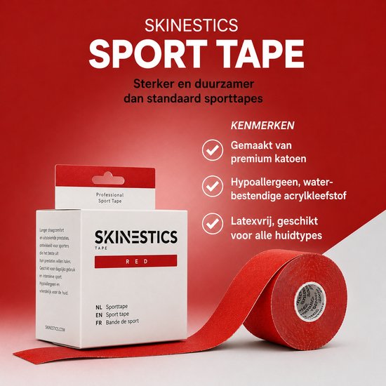 Skinestics sporttape verpakking met één rode rol, inclusief productkenmerken zoals katoen en latexvrij.