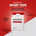 Skinestics sporttape verpakking omringd door tekst over professionele kwaliteit en huidvriendelijkheid.