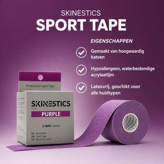 Paarse sporttape rol met doosje en tekst 'EIGENSCHAPPEN', 'Gemaakt van hoogwaardig katoen', 'Hypoallergeen, waterbestendige acrylaatlijm', 'Latexvrij, geschikt voor alle huidtypen'.