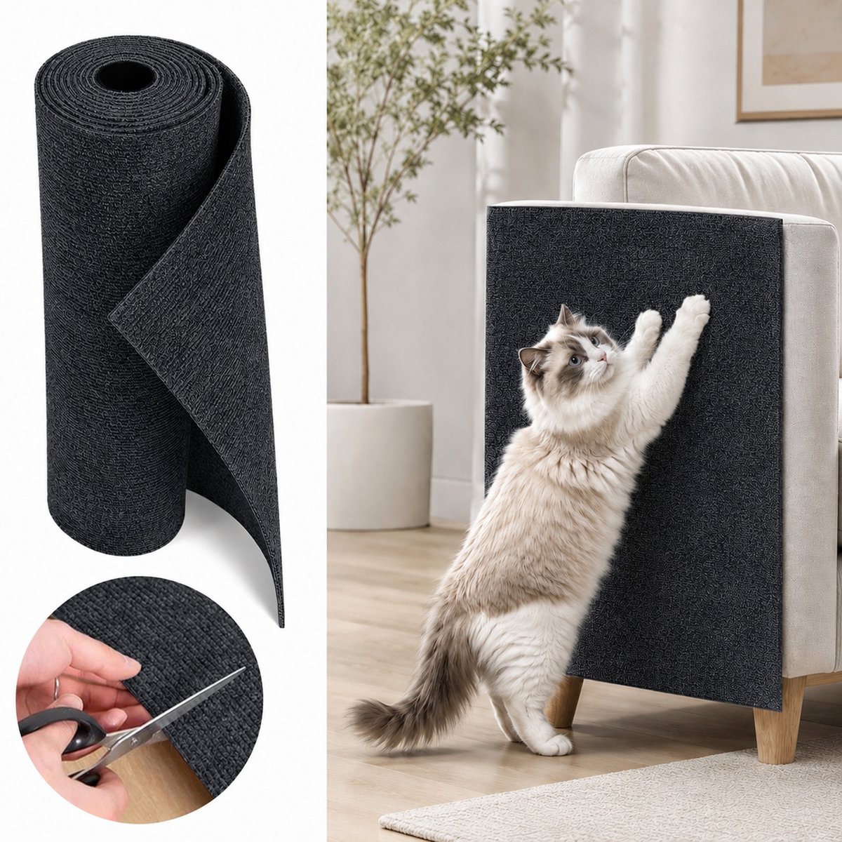 Kattenkrabmat -Zelfklevende Kattenkrabmat 300x40cm - XXL Meubelbeschermer voor Bank en Muur -Op maat te snijden krabmat voor katten- DIY Krabpaal Bekleding - Slijtvast Vilt voor Katten -Donkergrijs