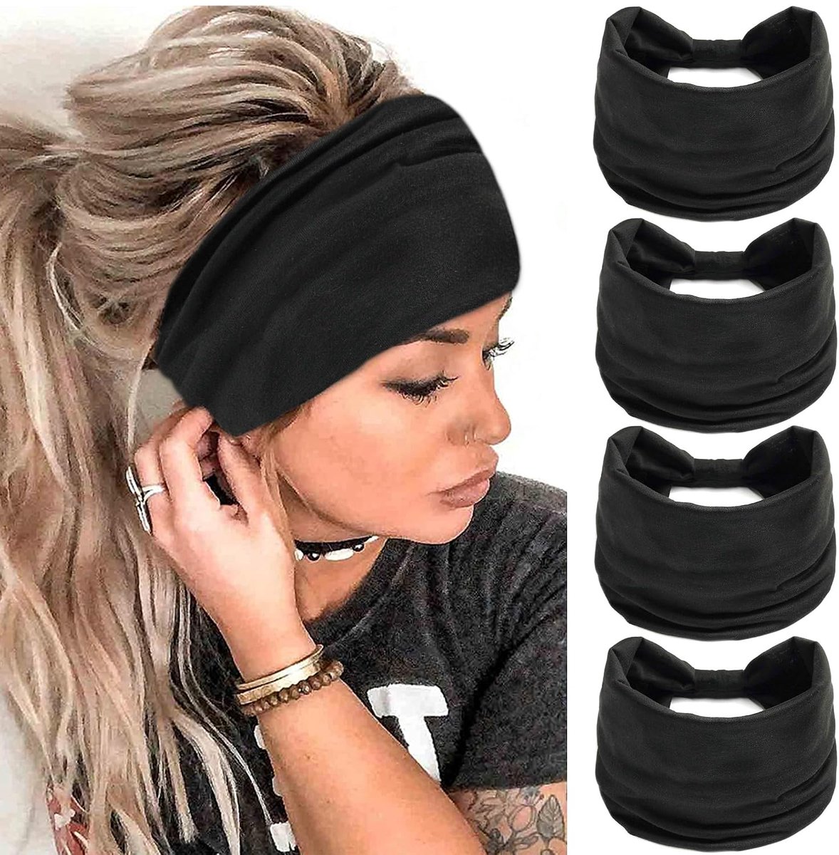 KZQ Hoofdbanden set - 4 zwarte haarbanden voor dames, met bohemian stijl - Elastisch en ademend voor sport, make-up, dagelijks gebruik - Zwart, 4 stuks