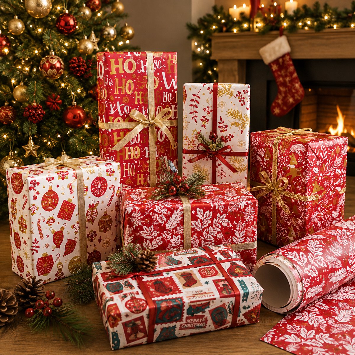 Cadeaupapier Set – Classic Christmas Collection (5 Stuks) – 200×70 cm – Rood, Wit & Goud – Rendieren, Kerstballen, Hulst & Feestelijke Prints – Inpakpapier – foto 7