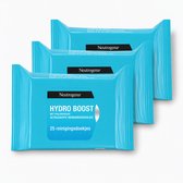 Drie pakken blauwe Neutrogena Hydro Boost hydraterende reinigingsdoekjes. Bevat 25 doekjes met hyaluronzuur.