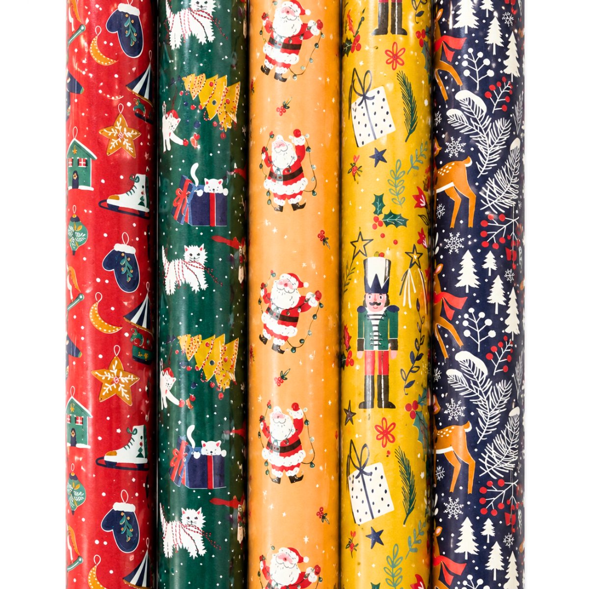 Cadeaupapier Set – Merry Moments Collection (5 Stuks) – 200×70 cm – Rood, Groen, Goud & Navy – Kerstmannen, Notenkrakers, Rendieren & Feestelijke Prints – Inpakpapier