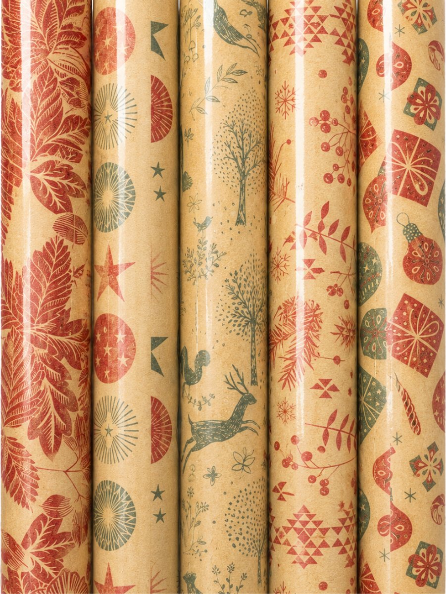 Cadeaupapier Set – Rustic Christmas Collection (5 Stuks) – 200×70 cm – Kraft, Rood & Groen – Rendieren, Wintertakken, Kerstballen & Botanische Prints – Inpakpapier