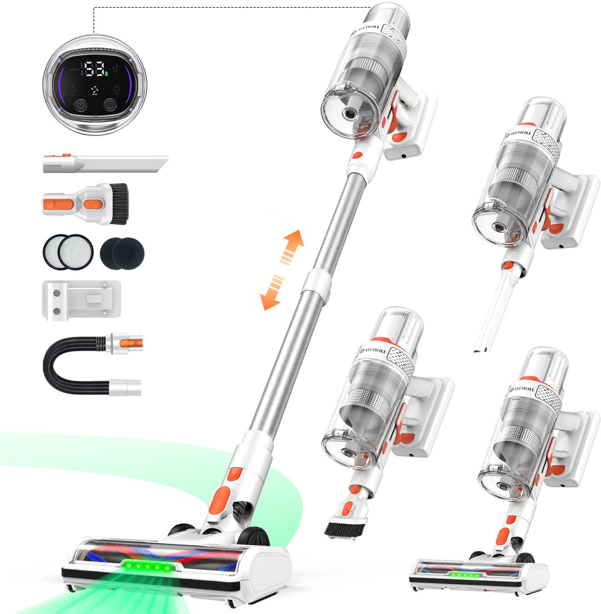 Ateroll V11 Steelstofzuiger Draadloos – 85kPa Zuigkracht – Groene Laser – HEPA 12 Filter – Tot 85 Min Accuduur – Voor Huisdierharen - Zonder zak op accu - Wit