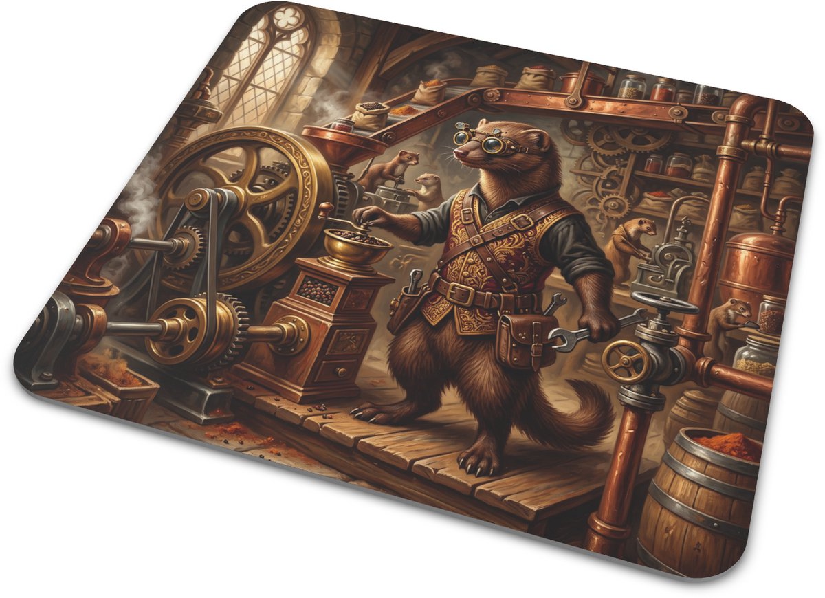 Muismat Steampunk mangoest als molen-opzichter in specerijfabriek Renaissance olieverf stijl bureau onderlegger