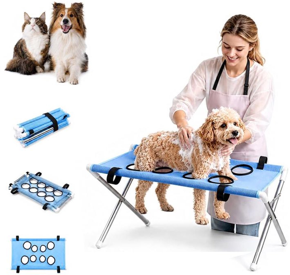 KZQ Hond badstand - Trimtafel voor huisdieren – draagbare huisdier schoonheid hanger met hanger – Opvouwbaar - Inclusief veiligheidsharnas/hangmat – Draagvermogen van 20 kg – Geschikt voor wassen, trimmen en nagels knippen – Blauw