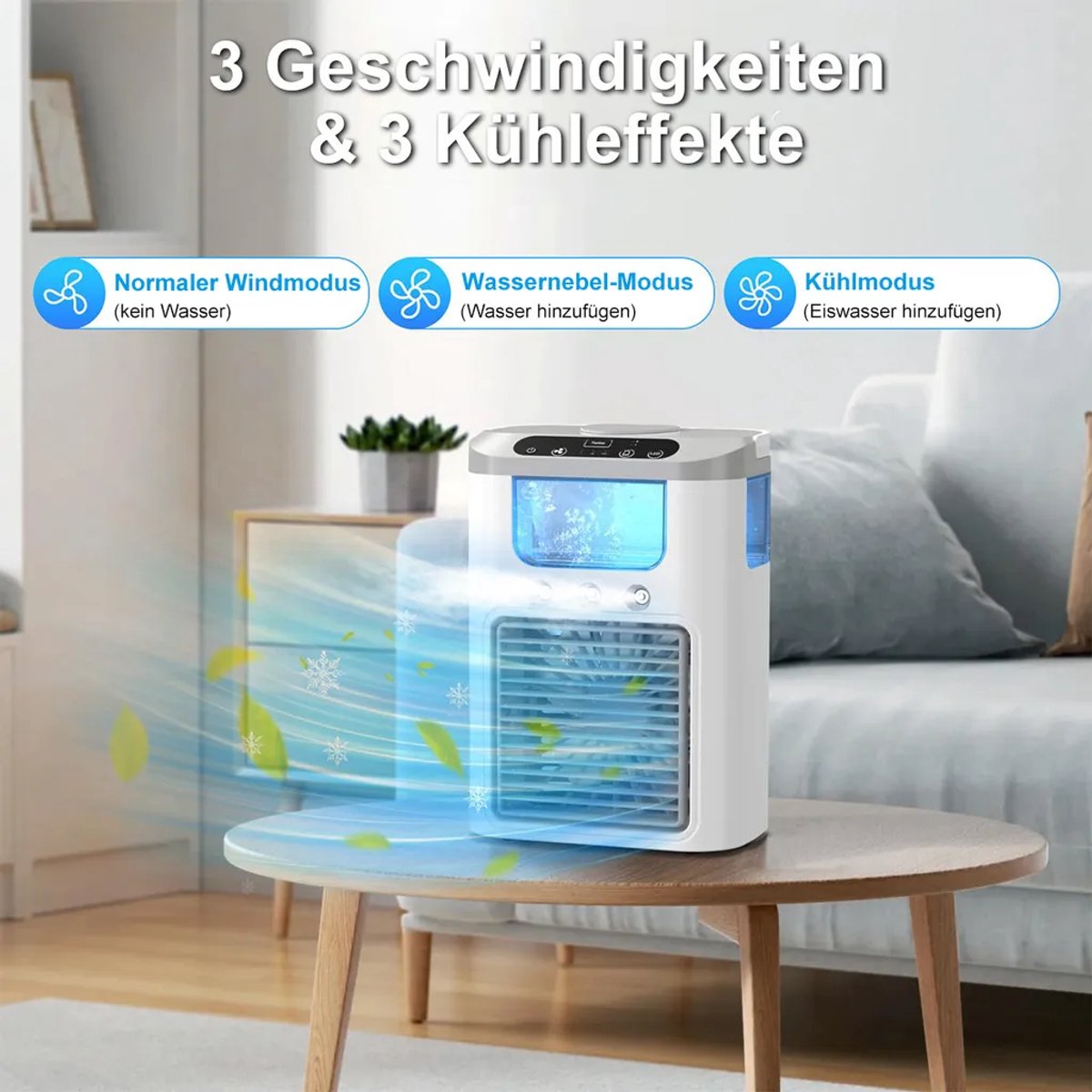 Draagbare mini-luchtkoeler, oplaadbaar, geschikt voor drie functies: verneveling en ventilatie. geschikt voor kantoren, slaapkamers en kamperen.