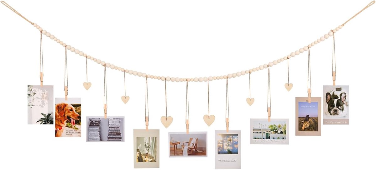 Hangend fotorek met klemmen, houten fotobanner met kralen | 9 houten klemmen, fotolijstcollage in bohemian stijl, wanddecoratie, geschikt voor slaapkamer, kantoor en studentenkamer.