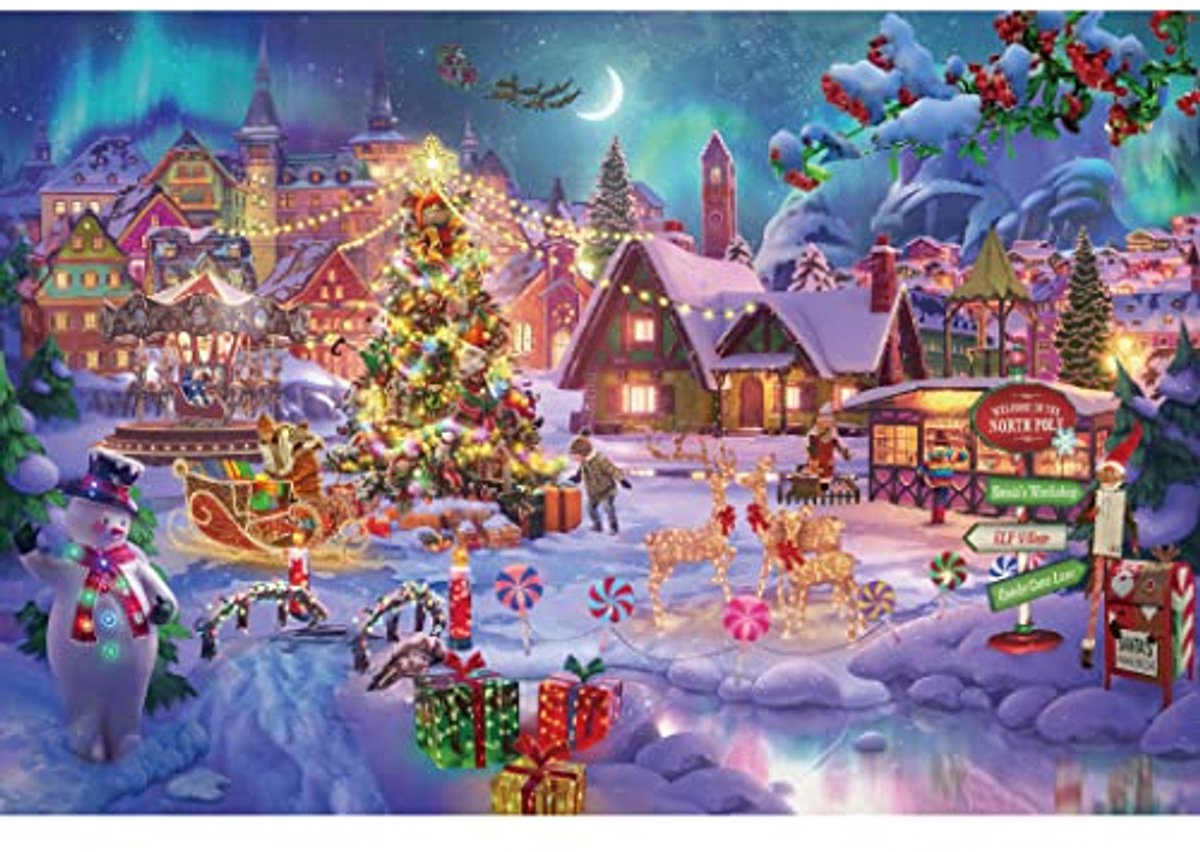 Houten Legpuzzel 1000 Stukjes voor Volwassenen en Kinderen - Kerstboom, Sneeuwpop, Rendier & Cadeaus op Besneeuwde Kerstavond - Premium Houtmateriaal - Unieke Stukjes - Inclusief Poster - Perfect Cadeau voor Kerst en Feestdagen