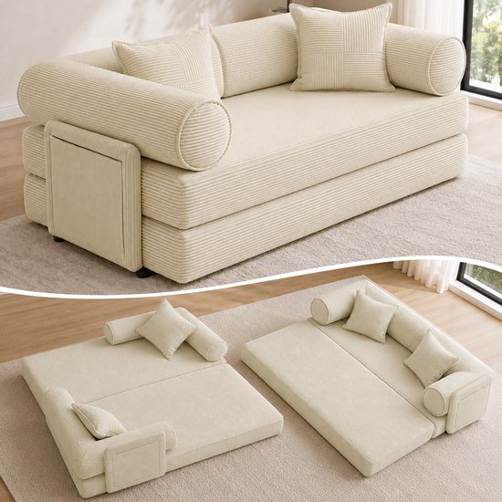 Een beige ribfluwelen bank, met een close-up van de uitgevouwen bank.