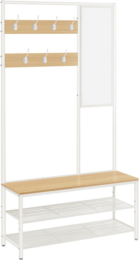 Moderne kapstok met spiegel, houten zitbank en twee schoenenrekken. Wit metaal en eikenkleur.