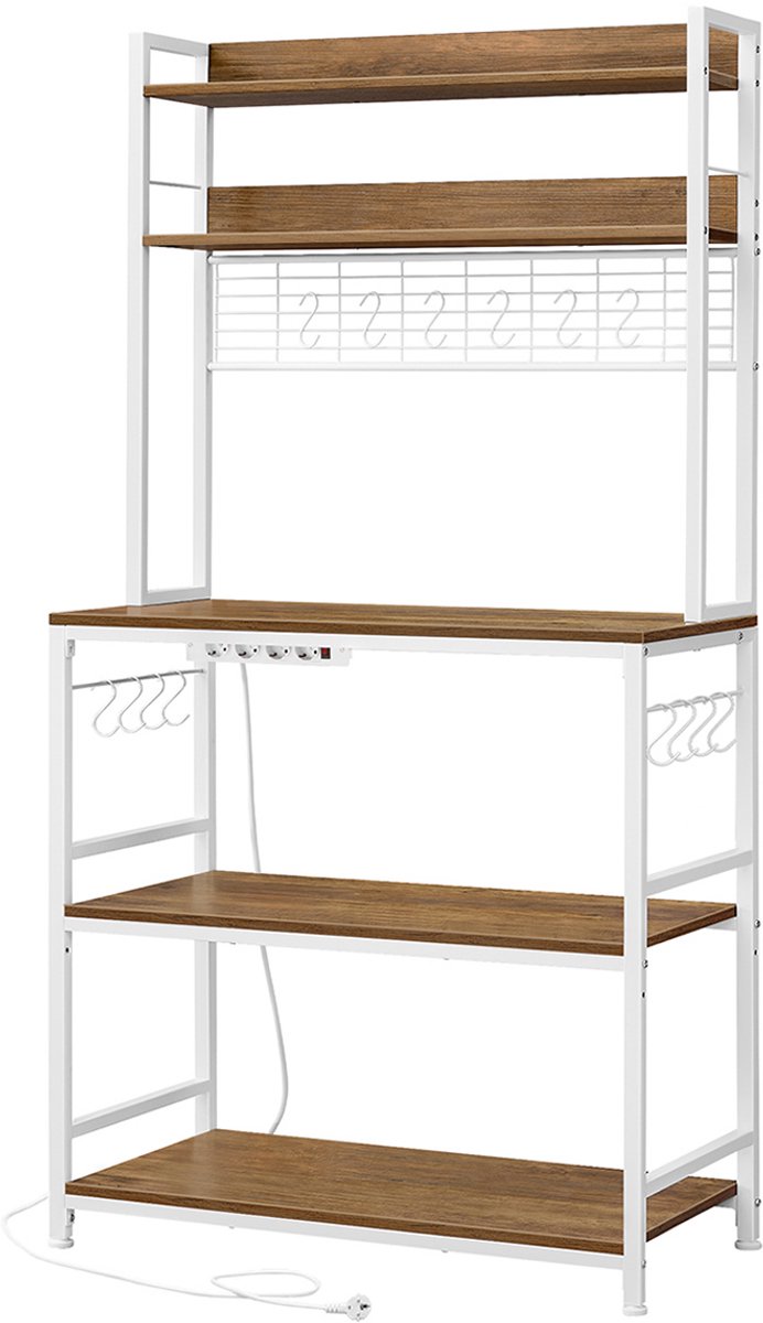 Keukenrek met Stopcontact, 40 x 80 x 170 cm, Opbergrek Keuken, Magnetronrek, Koffierek, Keukenplank met 5 Planken en 14 Haken, Open Opbergruimte, Wit + Bruin, Metalen Frame, Keuken, Eetkamer, Woonkamer