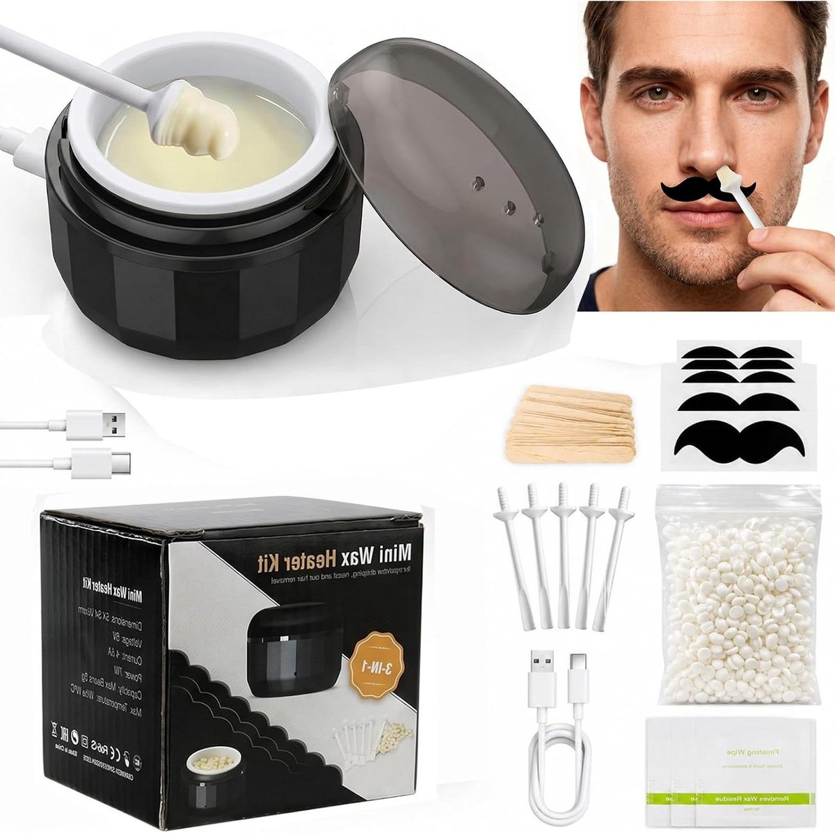 Neushaarverwijderaar Set - Wax Kit - Gladde Huid - Intelligente Temperatuurregeling - 50g Wax - Wit