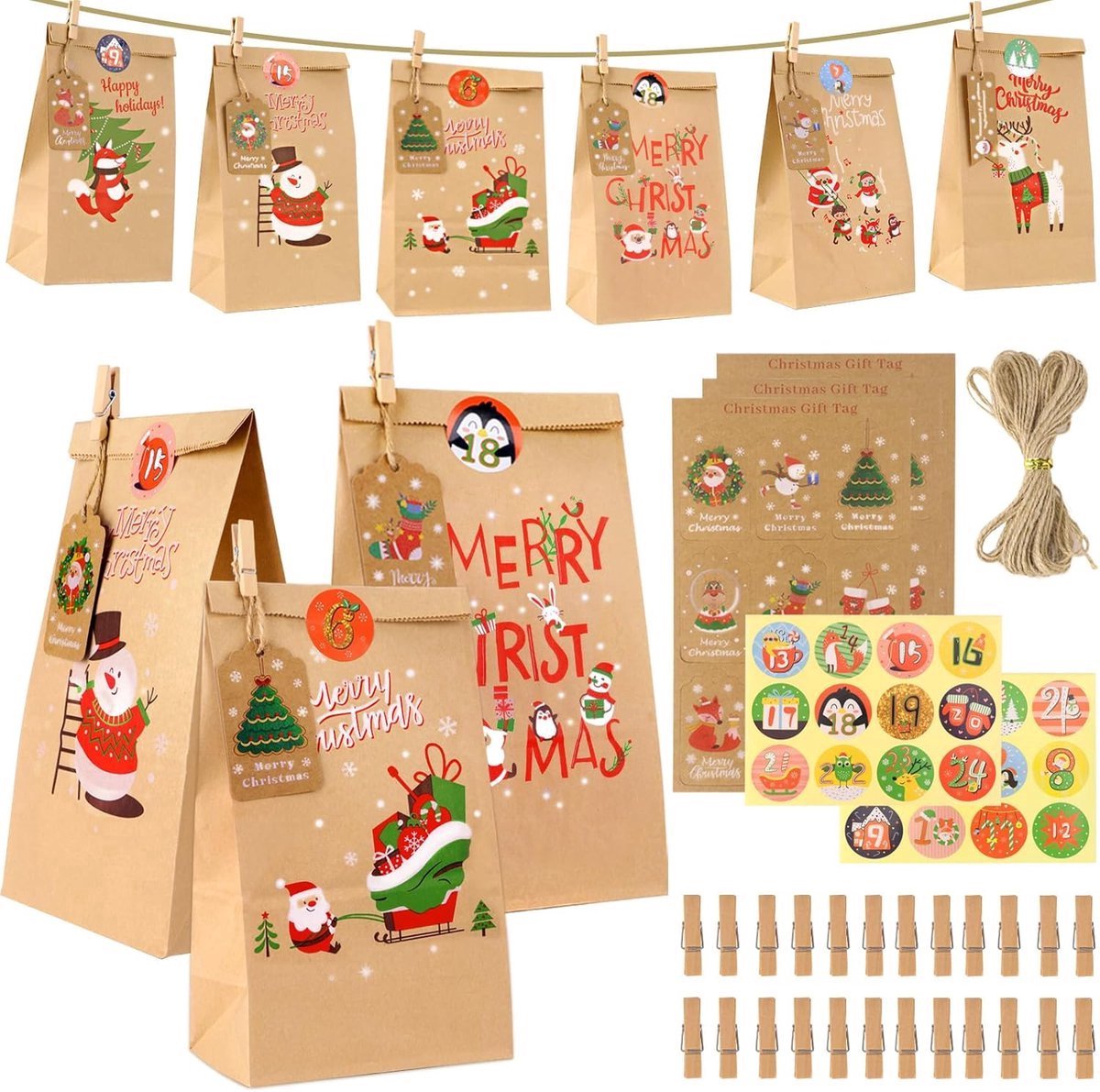 2025 Adventskalenders - Kersttassenset - DIY kerstkalender - Kerstinpaktassen - Hangende snoepcadeautassen - 24 papieren adventskalendertassen