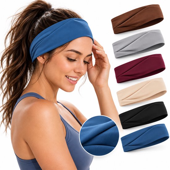 Model draagt blauwe hoofdband; set van zes effen sport-haarbanden in diverse kleuren met detail van zachte stof.