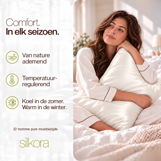 Silkora Premium Silk Pillowcase - 50x70 cm - 22 Momme 100% Moerbei Zijden Kussensloop Met Verborgen Rits - Anti-rimpel, Verkoelende, Anti-pluis - Off-White — cadeau in Wonen & Interieur - foto 5