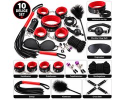 BDSM Set 10 Delig – Complete Bondage Set voor Stellen - Seksspeeltjes – Handboeien in Faux leer met bont, Enkelboeien, Halsband, Zweep, Kietelveer, tepelklemmen en Accessoires – Zwart/Rood -